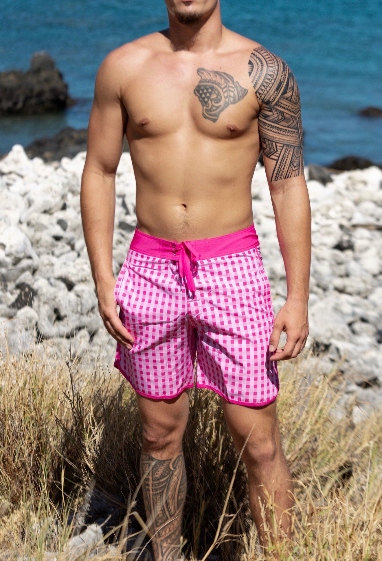 Pink Palaka Surf Shorts